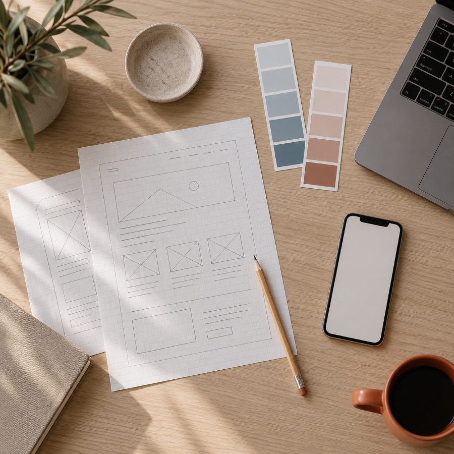 Overhead view of a desk with hand-drawn website wireframes, colour swatch strips, a pencil, a phone and a laptop