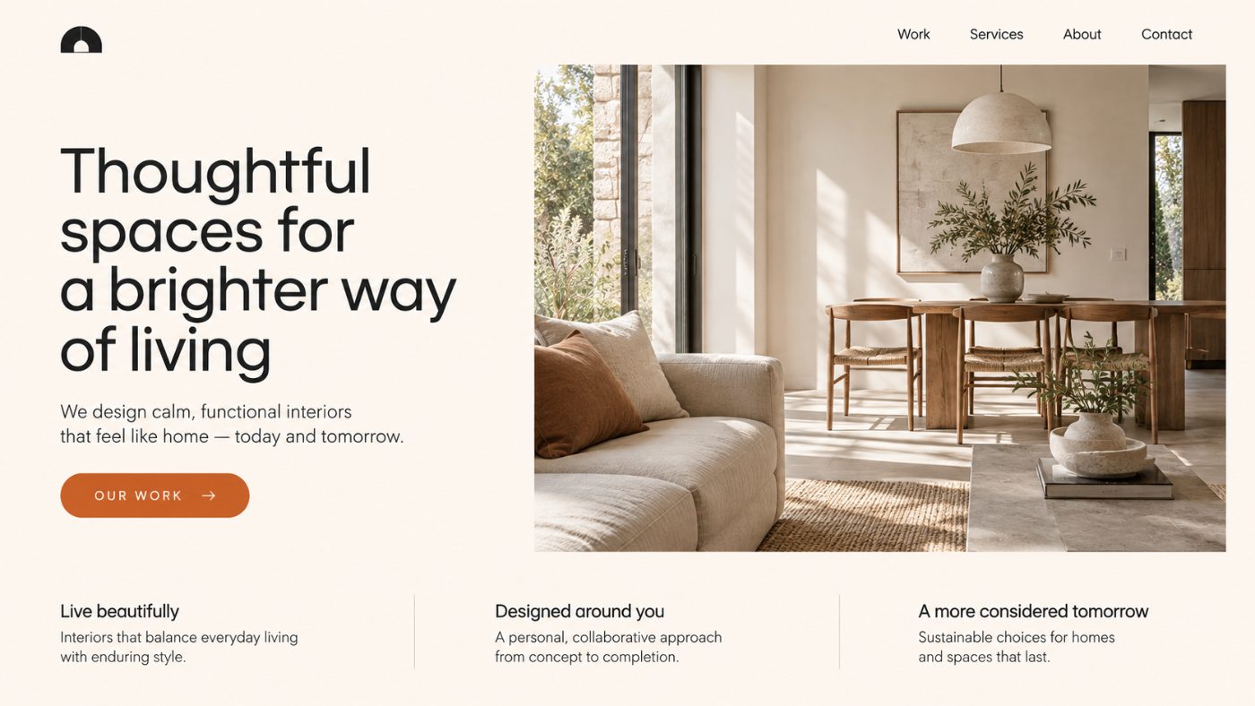 Homepage of an interior design studio site, with a large headline, a photograph of a sunlit living room, and three short columns below