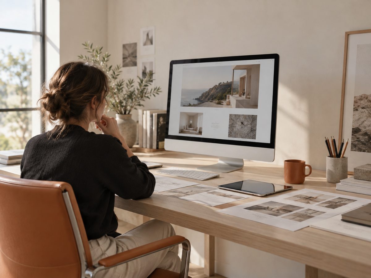 A designer at a daylit desk reviewing a website layout, with printed page proofs and a tablet beside the monitor